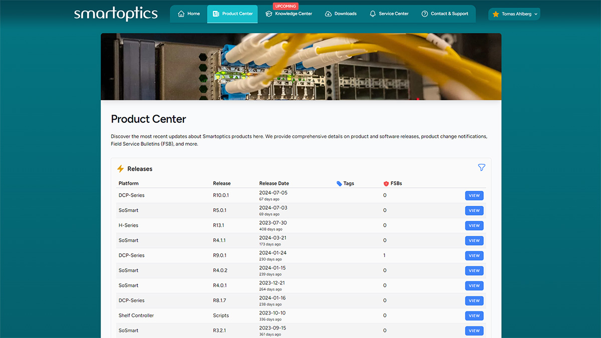 Smartoptics Product Center webpage showing a list of product releases, release dates, tags, and FSBs.