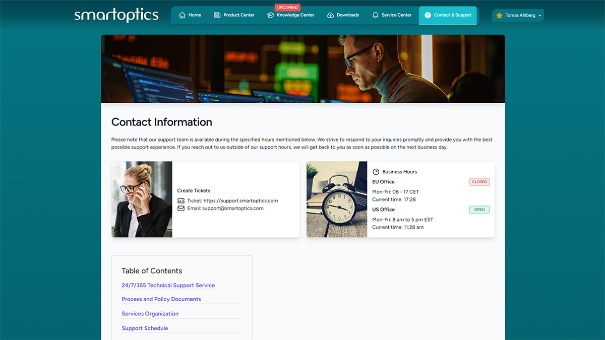 Smartoptics contact information page with support hours, ticket and email details, and a table of contents.