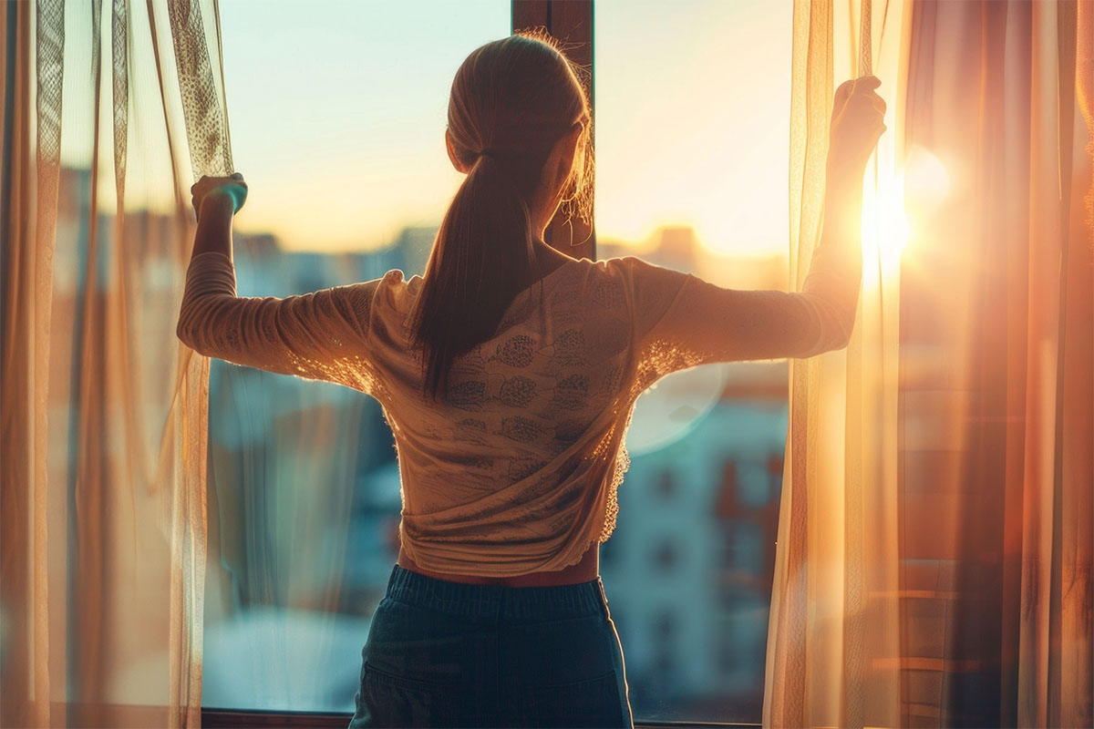 Woman opening curtains and looking outside at sunrise through a window.