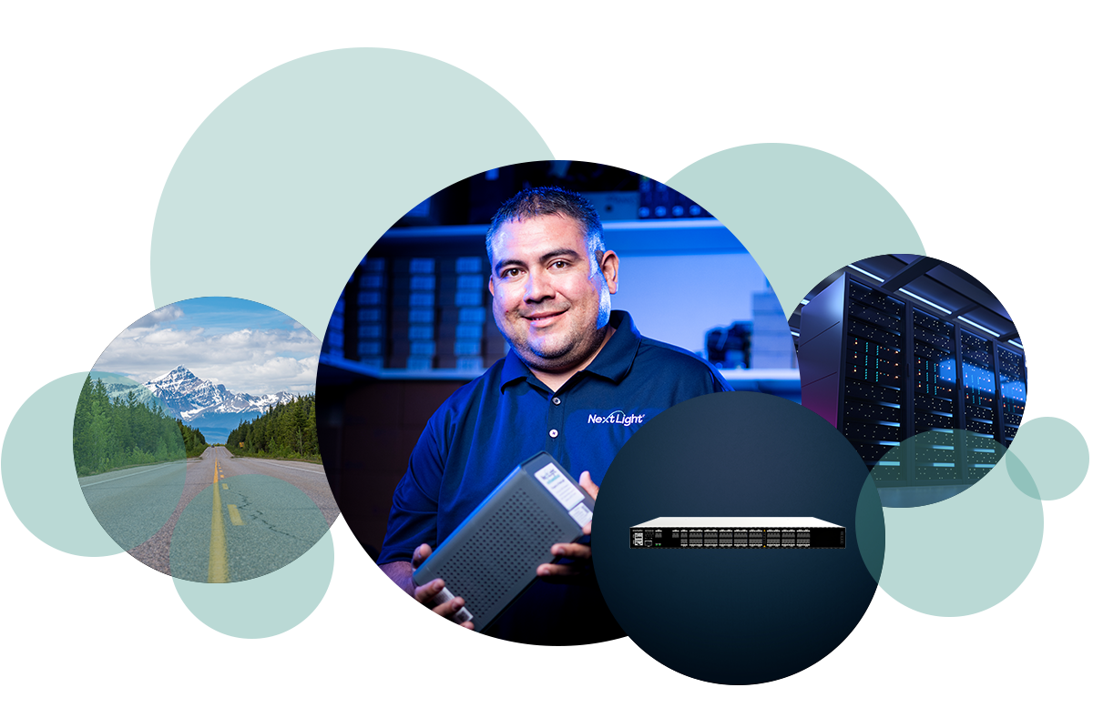 Man holds network equipment, surrounded by circles showing a road, a server rack, and a close-up network switch.