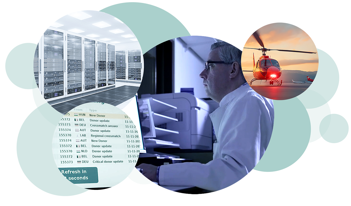 A scientist at a computer, data centre, medical data, and rescue helicopter in circular frames.
