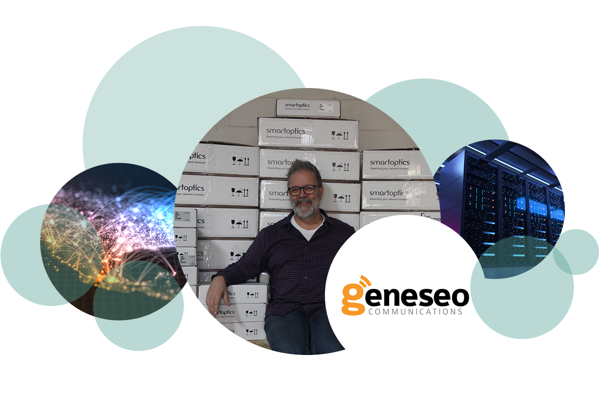 Man in front of Smartoptics boxes, Geneseo Communications logo, fibre optics and server images in circular design.