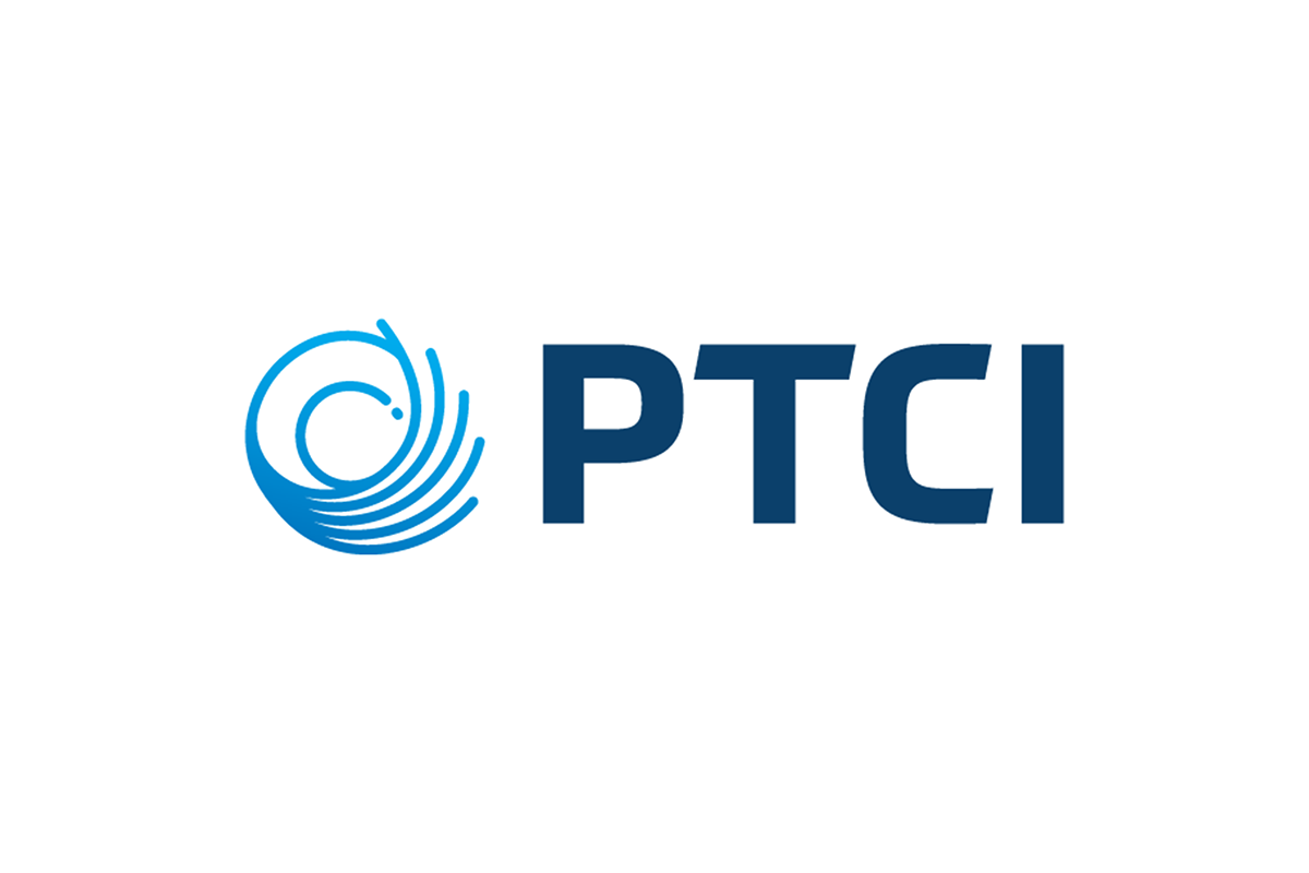 Blue circular abstract logo beside bold blue text "PTCI" on a white background.