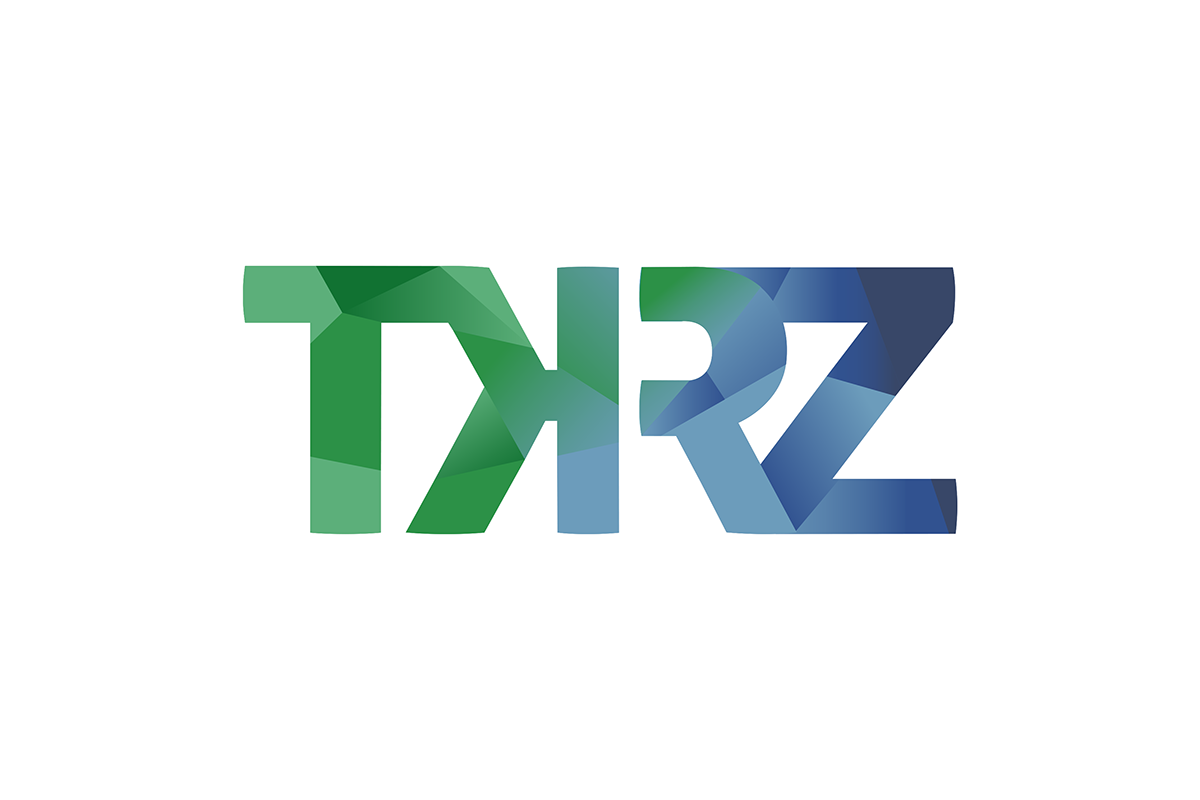 Geometric styled text logo with the letters "TKRZ" in shades of green and blue on a white background.