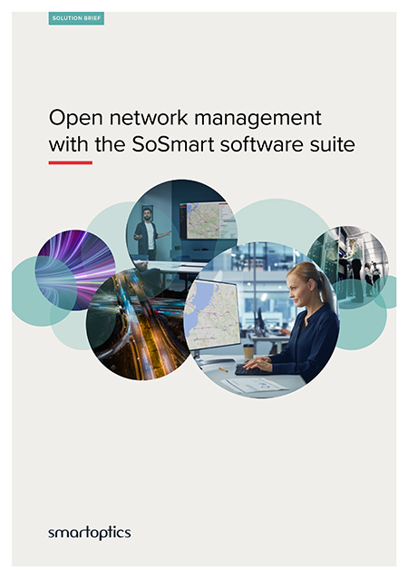 Businesswoman at computer, city lights, network cables, and meetings with map screens. Text: SoSmart software suite network management.